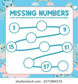 Missing numbers worksheet. Write the answer correctly. Educational printable math worksheet. Counting practice. Learning about number