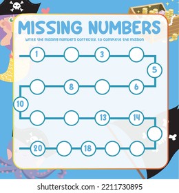 Missing numbers. Write the answer correctly. Educational printable math worksheet. Counting practice. Vector file.
