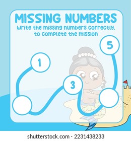 Missing numbers. Write the answer correctly. Educational printable math worksheet. Counting practice. Vector file.