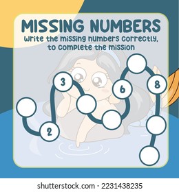 Missing numbers. Write the answer correctly. Educational printable math worksheet. Counting practice. Vector file.