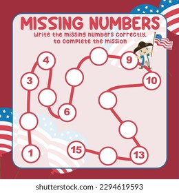 Missing numbers. Write the answer correctly. Educational printable math worksheet. Count and write activity. Counting practice. Vector file.