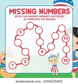 Missing numbers. Write the answer correctly. Educational printable math worksheet. Count and write activity. Counting practice. Vector file.