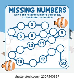 Missing numbers. Write the answer correctly. Educational printable math worksheet. Count and write activity. Counting practice. Vector file.
