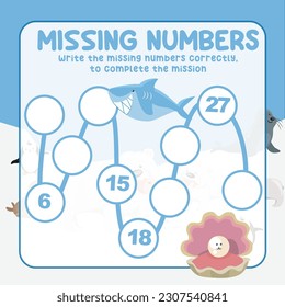 Missing numbers. Write the answer correctly. Educational printable math worksheet. Count and write activity. Counting practice. Vector file.