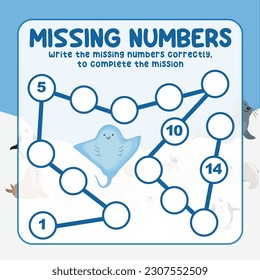 Missing numbers. Write the answer correctly. Educational printable math worksheet. Count and write activity. Counting practice. Vector file.