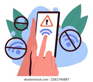 Missing out WiFi. Hands holding smartphone without internet connection. Problems with wireless internet. Offline gadget or device. Access denied. Flat vector illustration