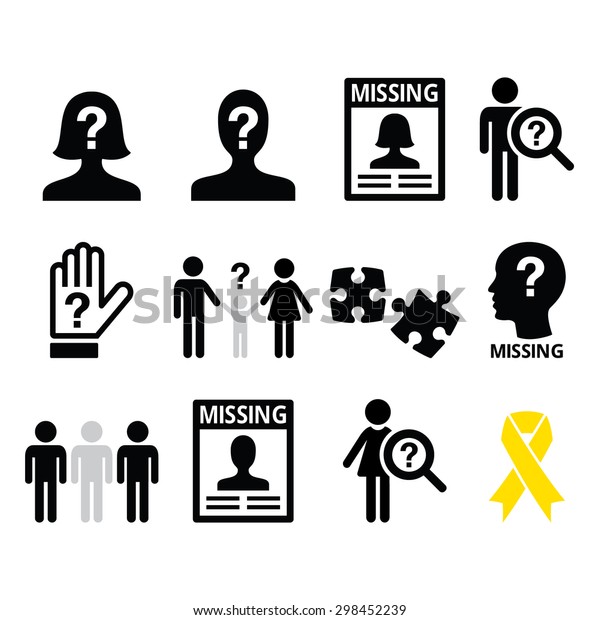 Missing people, missing\
child icons set