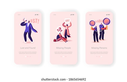 Missing People Lost In Crowd Mobile App Page Onboard Screen Template. Female Character Get Lost, Police Help, Announcement, Big City Social Problem, Human Behavior Concept. Cartoon Vector Illustration