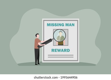 Missing people vector concept: Young man looking at missing man poster while using magnifying glass 
