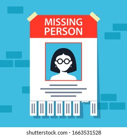 Missing Person Announcement. Flyer Hanging On A Brick Wall. Flat Vector Illustration.