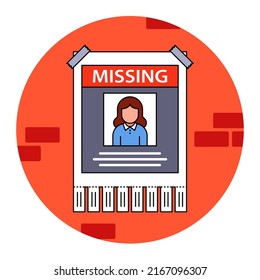 Missing Person Announcement. Flyer Hanging On A Brick Wall. Flat Vector Illustration.