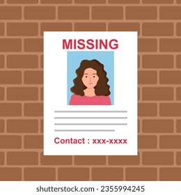 Missing person announcement. Flyer hanging on a brick wall in flat design vector illustration.