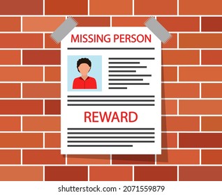 Missing Person Poster. Wanted, Disappeared And Lost Person. Notice On Brick Wall About Missing Man And Reward. Announce Of Accident And Request Of Help. Search Of Mysterious Human. Vector.