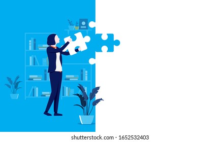 Missing piece - Business woman putting the final piece of the incomplete puzzle in place in her office. Solution, problem solving, idea concept. Corporate vector illustration.