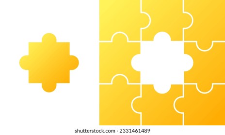 The missing piece of the puzzle. Flat, yellow, puzzle pieces, teamwork, find a solution, find an answer, add up the pieces. Vector illustration