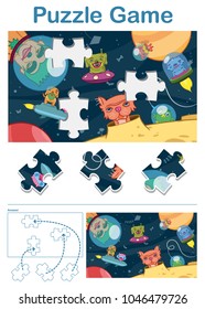 Missing piece puzzle game for kids with alien space animals and ufo - vector illustration