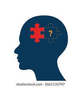 Fehlendes Puzzleteil im menschlichen Gehirn, konzeptionelle Vektorgrafik für Denkprozess und Problemlösung. 