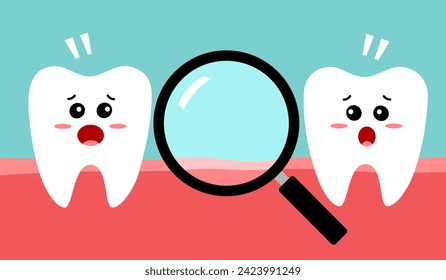 Missing tooth concept cute cartoon character. Looking for a tooth with a magnifying glass .