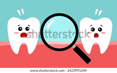 Missing tooth concept cute cartoon character. Looking for a tooth with a magnifying glass .