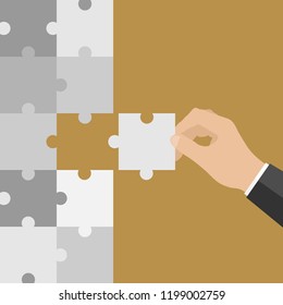 Mission accomplished concept. Businessman holding the last piece of unit. Vector isolated illustration. 