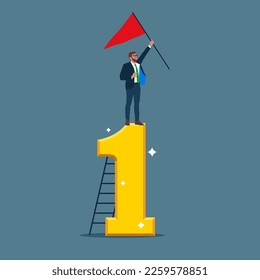 Mission accomplished. Success businessman climb up ladder of #1, success to the top and holding winning flag. Modern vector illustration in flat style