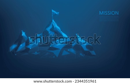 mission achievement mountain digital technology on blue background. business strategy to success climbing route. vector illustration fantastic technology design.