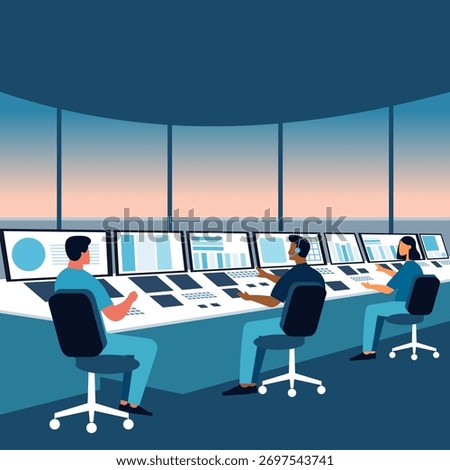 Mission or air traffic control team in airport tower. Controllers managing aircraft departure and arrival with radar, navigation systems, and computer monitors for aviation industry teamwork or safety
