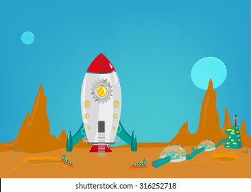 Mission to another planet like mars with a small colony of men from earth. Editable Clip art.