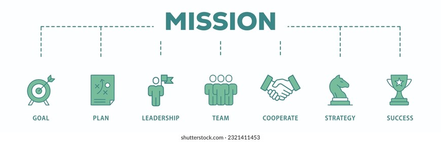 Icono de la misión Icono de la web Icono de ilustración vectorial con ícono de objetivo, plan, liderazgo, equipo, cooperación, estrategia y éxito