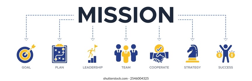 Mission banner web icon vector illustration concept with icon of goal, plan, leadership, team, cooperate, strategy and success
