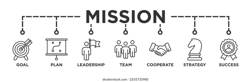 Mission banner web icon vector illustration concept with icon of goal, plan, leadership, team, cooperate, strategy and success	