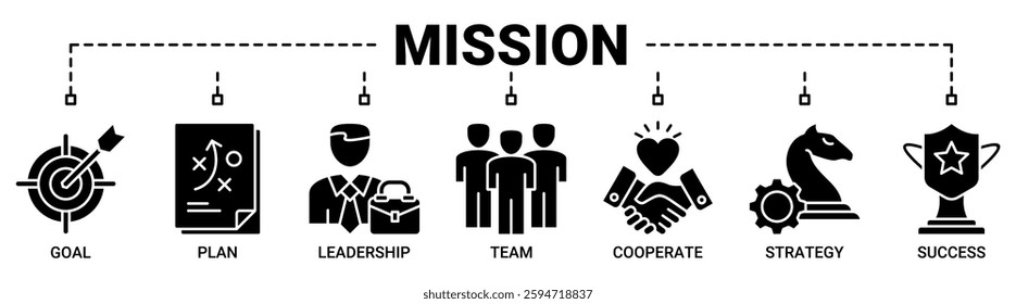 Mission banner web icon vector illustration concept with icon of goal, plan, leadership, team, cooperate, strategy and success icons. Solid color vector symbol background.