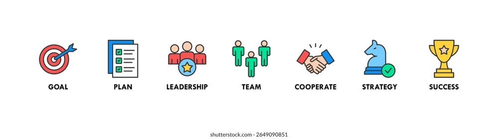 Conceito de ilustração vetorial de ícone da Web da bandeira da missão com ícone de objetivo, plano, liderança, equipe, cooperar, estratégia e sucesso