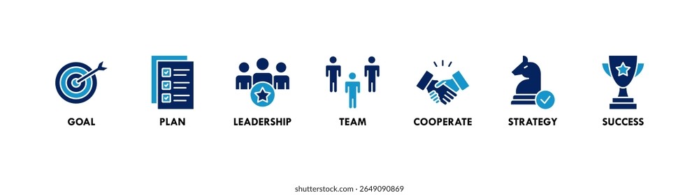 Concepto de Ilustración vectorial del icono del Web del Anuncio de la misión con el icono del objetivo, Plan, dirección, equipo, coopera, estrategia y éxito