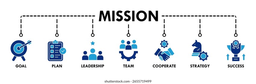 Conceito de ilustração vetorial de ícone da Web da bandeira da missão com ícone de objetivo, plano, liderança, equipe, cooperar, estratégia e sucesso