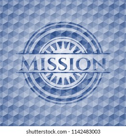 Mission blue badge with geometric pattern background.