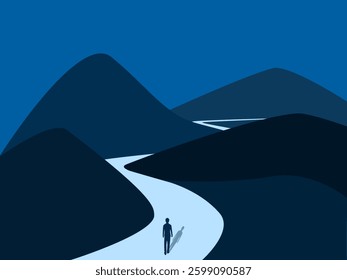 Mission, Businessman looking at a path through many mountains