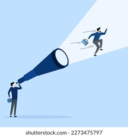 Mission or career path concept, businessman looking through telescope sees himself running to reach goal. strong vision to drive business success, ambition to set direction and achieve goals.