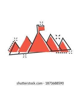 Mission champion icon in comic style. Mountain cartoon vector illustration on white isolated background. Leadership splash effect business concept.