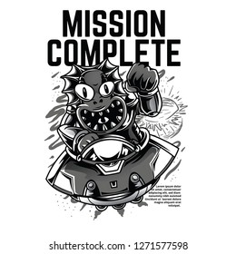 Mission Complete Black and White Illustration