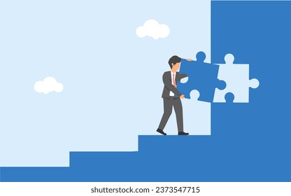 Mission complete. a businessman intsalling the last part of big puzzle. finishing job successfully. finding a solution. finished task. focus on carrying out the task until it is completed