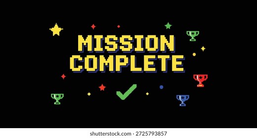 Misión completa de píxeles estilo juego de pantalla de éxito con trofeos, estrellas y marca de verificación, concepto de logro de juegos arcade retro