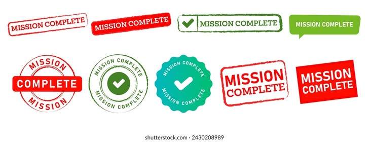 mission complete stamp seal emblem and speech bubble sign success done accomplish