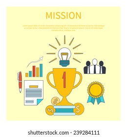 Mission concept with item icons in flat design. Winner in business start up