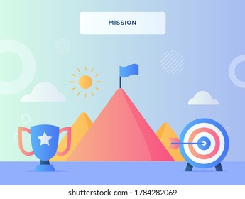 Mission concept trophy target goal in front flag on top mountain with flat style.