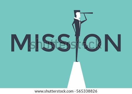 Mission concept vector illustration with business man looking through telescope from a cliff.