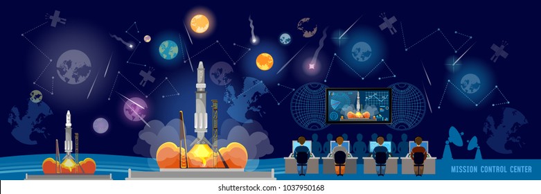 Mission Control Center banner, start rocket in space. Shuttle taking off on mission, spaceport. Modern space technologies, return report of start of rocket 