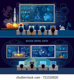 Mission Control Center banner, start rocket in space. Modern space technologies, return report of start of rocket. Space shuttle taking off on mission, spaceport 