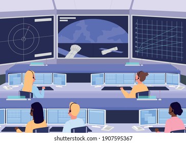 Mission control center flat color vector illustration. Facility that manages space flights from point of launch until landing 2D cartoon characters with big screen and devices on background