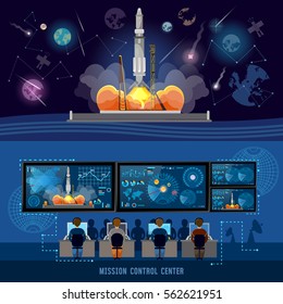 Mission Control Center, start rocket in space. Modern space technologies, return report of start of rocket. Space shuttle taking off on mission, spaceport 